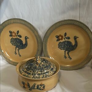 Pfaltzgraff Vintage Ceramic Peacock Plates and Covered Dish Set